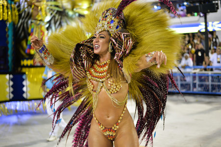 Rio, Brazil - february 17, 2018: Samba School perform at Marques de Sapucai known as Sambodromo, for...