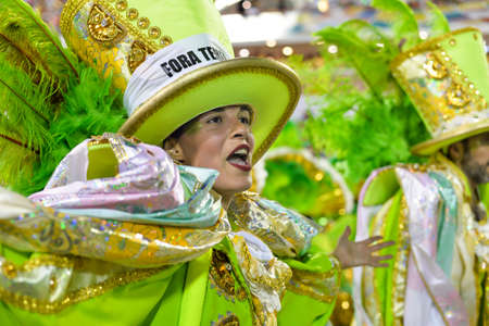 Rio, Brazil - february 17, 2018: Samba School perform at Marques de Sapucai known as Sambodromo, for the Carnival Samba Parade champions. "Fora Temer"のeditorial素材