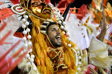Rio, Brazil - february 17, 2018: Samba School perform at Marques de Sapucai known as Sambodromo, for...