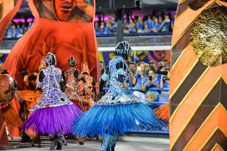 Rio, Brazil - february 17, 2018: Samba School perform at Marques de Sapucai known as Sambodromo, for...