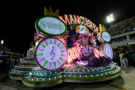 Rio, Brazil - february 17, 2018: Samba School perform at Marques de Sapucai known as Sambodromo, for...
