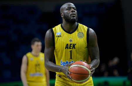 Rio, Brazil - february 15, 2019: Delroy James player in match between AEK and San Lorenzo by the Intercontinental Cup (basketball) in Arena Carioca 1 Venue.のeditorial素材