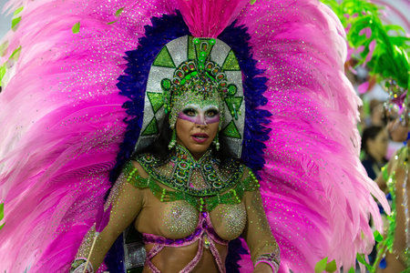 Rio, Brazil - march 03, 2019: Mangueira during the Carnival Samba School Carnival RJ 2019, at...