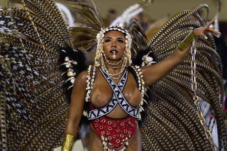Rio, Brazil - march 04, 2019: Mangueira during the Carnival Samba School Carnival RJ 2019, at...