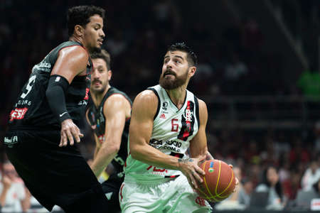 Rio, Brazil - may 19, 2019: Balbi players during Flamengo vs. Franca for the first play-off of the final of the New Basketball Brazil (NBB) at Maracanazinho stadiumのeditorial素材