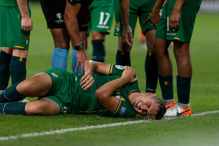 RIO DE JANEIRO, BRAZIL - June 18, 2019: Haquin Lopez of Bolivia fall down during the 2019 America Cup Group A game between Bolivia and Peru at Maracana Stadium.のeditorial素材