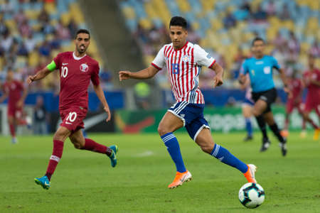 Rio de Janeiro, Brazil - June 16, 2019: C. Dominguez of Paraguay kicks the ball during the 2019 America Cup Group B game between Paraguay and Qatar at Maracana Stadium.のeditorial素材