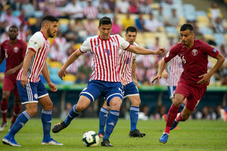Rio de Janeiro, Brazil - June 16, 2019: F. Balbuena of Paraguay kicks the ball during the 2019 America Cup Group B game between Paraguay and Qatar at Maracana Stadium.のeditorial素材