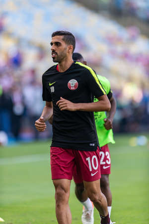 Rio de Janeiro, Brazil - June 16, 2019: Hassan Al Haidos of Qatar during the 2019 America Cup Group B game between Paraguay and Qatar at Maracana Stadium.のeditorial素材