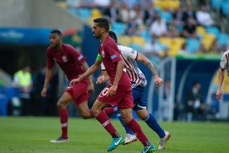 Rio de Janeiro, Brazil - June 16, 2019: Hassan Al Haidos of Qatar kicks the ball during the 2019 America Cup Group B game between Paraguay and Qatar at Maracana Stadium.のeditorial素材