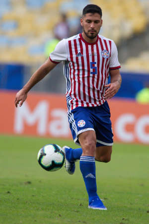 Rio de Janeiro, Brazil - June 16, 2019: B. Valdez of Paraguay kicks the ball during the 2019 America Cup Group B game between Paraguay and Qatar at Maracana Stadium.のeditorial素材