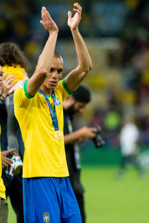 Rio, Brazil - July 7, 2019: Joao Miranda of Brazil wins Peru in 3x1 during the game of the 2019 Copa America final in Maracana Stadium and is champion.のeditorial素材
