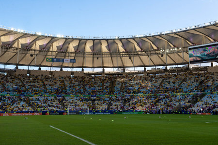 Rio, Brazil - July 7, 2019: Brazil soccer fans celebrating at the 2019 America Cup finals game between Brazil and Peru at Maracana Stadium. のeditorial素材