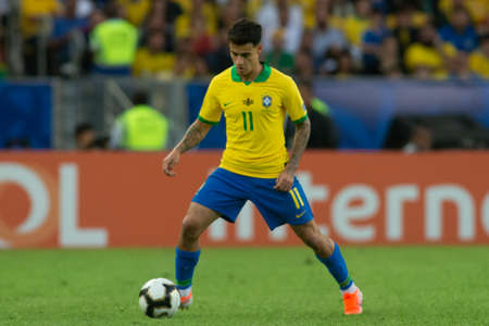 Rio, Brazil - July 7, 2019: Philippe Coutinho of Brazil kicks the ball during the 2019 America Cup finals game between Brazil and Peru at Maracana Stadium.のeditorial素材