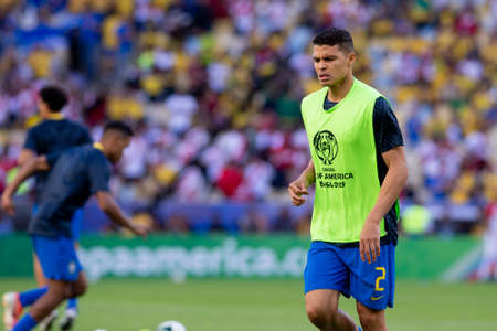 Rio, Brazil - July 7, 2019: Thiago Silva of Brazil entering the field before the CONMEBOL 2019 America Cup finals at Maracana Stadium.のeditorial素材