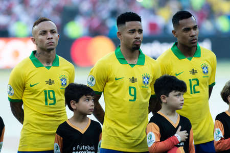 Rio, Brazil - July 7, 2019: Gabriel Jesus during Brazil National Anthem at the 2019 America Cup finals game between Brazil and Peru at Maracana Stadium.のeditorial素材