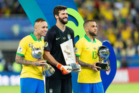 Rio, Brazil - July 7, 2019: Daniel Alves and Everton (Cebolinha) of Brazil wins Peru in 3x1 during the game of the 2019 Copa America final in Maracana Stadium and is champion.のeditorial素材