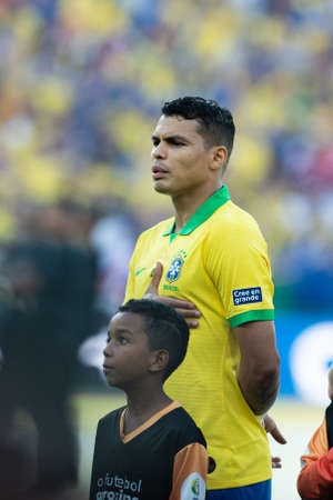 Rio, Brazil - July 7, 2019: Thiago Silva during Brazil National Anthem at the 2019 America Cup finals game between Brazil and Peru at Maracana Stadium.のeditorial素材