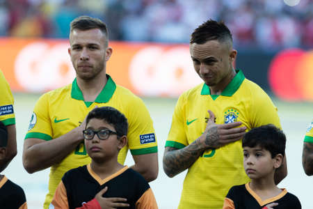 Rio, Brazil - July 7, 2019: Arthur Henrique Melo during Brazil National Anthem at the 2019 America Cup finals game between Brazil and Peru at Maracana Stadium.のeditorial素材