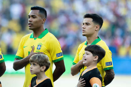 Rio, Brazil - July 7, 2019: Philippe Coutinho during Brazil National Anthem at the 2019 America Cup finals game between Brazil and Peru at Maracana Stadium.のeditorial素材