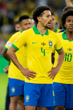 Rio, Brazil - July 7, 2019: Marquinhos Correa of Brazil wins Peru in 3x1 during the game of the 2019 Copa America final in Maracana Stadium and is champion.のeditorial素材