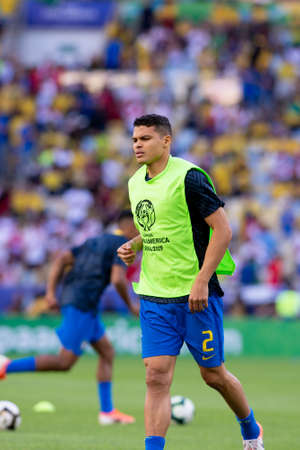 Rio, Brazil - July 7, 2019: Thiago Silva of Brazil entering the field before the CONMEBOL 2019 America Cup finals at Maracana Stadium.のeditorial素材