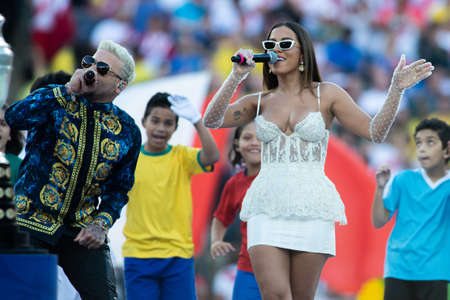 Rio, Brazil - July 7, 2019:  Brazilian singers Anitta and Puerto Rican Pedro Capo, before the start of the CONMEBOL 2019 America Cup grand final at Maracana Stadium.のeditorial素材