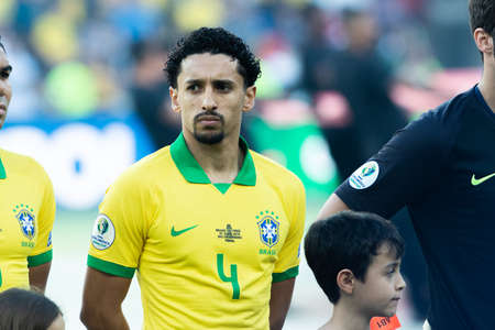 Rio, Brazil - July 7, 2019: Marquinhos Correa during Brazil National Anthem at the 2019 America Cup finals game between Brazil and Peru at Maracana Stadium.のeditorial素材