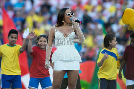 Rio, Brazil - July 7, 2019:  Brazilian singers Anitta and Puerto Rican Pedro Capo, before the start of the CONMEBOL 2019 America Cup grand final at Maracana Stadium.のeditorial素材