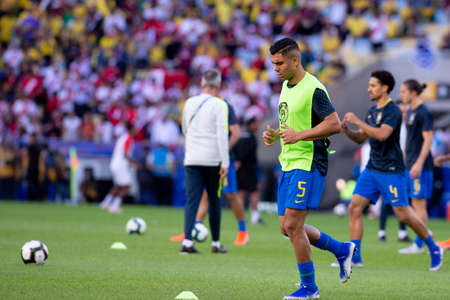 Rio, Brazil - July 7, 2019: Casemiro of Brazil entering the field before the CONMEBOL 2019 America Cup finals at Maracana Stadium.のeditorial素材