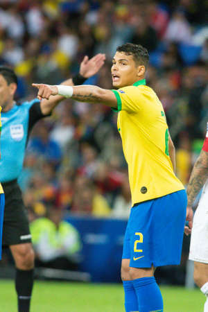Rio, Brazil - July 7, 2019: Thiago Silva of Brazil kicks the ball during the 2019 America Cup finals game between Brazil and Peru at Maracana Stadium.のeditorial素材