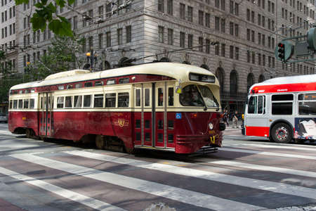 San Francisco, USA - june 11, 2019: type of tram transportation public in the city of San Francisco are tourist attractions. The vehicle is at Market Street downtownのeditorial素材
