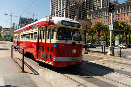 San Francisco, USA - june 11, 2019: type of electric tram transportation public in the city of San Francisco are tourist attractions. The vehicle is at Embarcadeiro Street downtownのeditorial素材