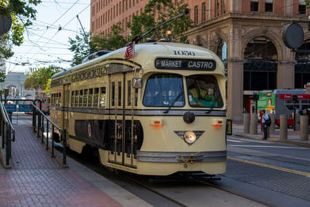 San Francisco, USA - june 11, 2019: type of electric tram transportation public in the city of San Francisco are tourist attractions. The vehicle is at Market Street downtownのeditorial素材