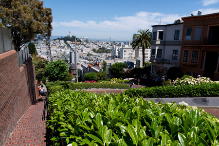 San Francisco, USA - june 05, 2019: Lombard Street is one of the most famous transit routes in the city. It gained international prominence due to the steep slope through which it zigzags.のeditorial素材