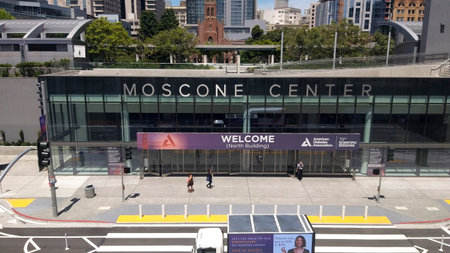 San Francisco, CA - June circa, 2019: View of outside Moscone Center near Yerba Buena Gardens in San...