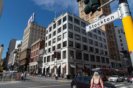 San Francisco, USA - june circa, 2019: facade of old buildings during the day in San Francisco Cornerのeditorial素材