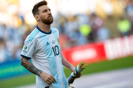 Rio de Janeiro, Brazil - June 28, 2019: Lionel Messi during Argentina National Anthem at the 2019 America Cup Round of 8 game between Venezuela and Argentina at Maracana Stadium.のeditorial素材
