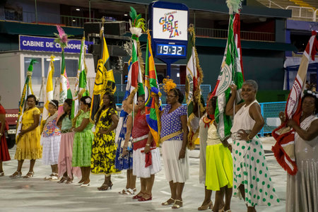 Rio, Brazil - February 21, 2020: Old school ladies with the flags of the associationsのeditorial素材