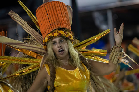Rio, Brazil - February 21, 2020: parade of the samba school Academicos da Rocinha, at the Marques de...
