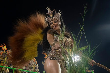 Rio, Brazil - February 21, 2020: parade of the samba school Academicos da Rocinha, at the Marques de...