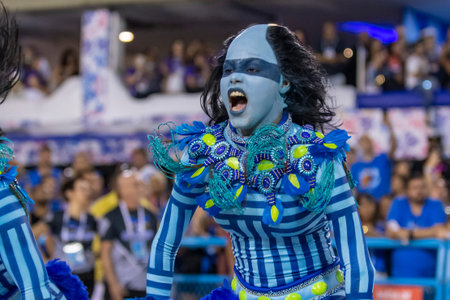 Rio, Brazil - February 23, 2020: parade of the samba school Portela, at the Marques de Sapucai...