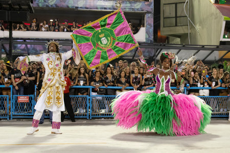 Rio, Brazil - February 23, 2020: parade of the samba school Mangueira, at the Marques de Sapucai...