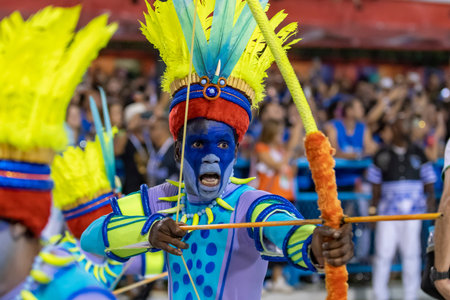 Rio, Brazil - February 23, 2020: parade of the samba school Portela, at the Marques de Sapucai...