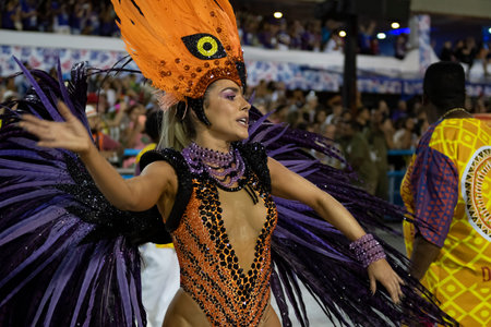 Rio, Brazil - February 23, 2020: parade of the samba school Grande Rio, at the Marques de Sapucai...