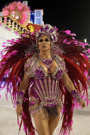 Rio, Brazil - February 23, 2020: parade of the samba school Estacio de Sa, at the Marques de Sapucai...