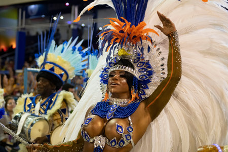 Rio, Brazil - February 23, 2020: parade of the samba school Portela, at the Marques de Sapucai...