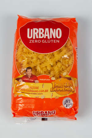 Rio, Brazil - april 23, 2020: packaging of penne pasta brand Urbano closed bag. Written: zero gluten. Top viewのeditorial素材
