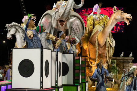 Rio, Brazil - February 23, 2020: parade of the samba school Mangueira, at the Marques de Sapucai Sambodromoのeditorial素材