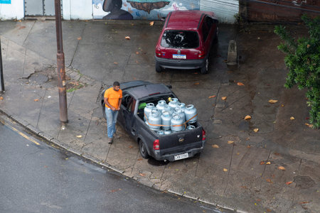 Rio, Brazil - may 15, 2020: truck with butane gas cylinder for domestic use, distributes the product...